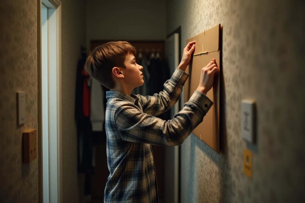 Adolescent collant du papier kraft sur un miroir dans un couloir