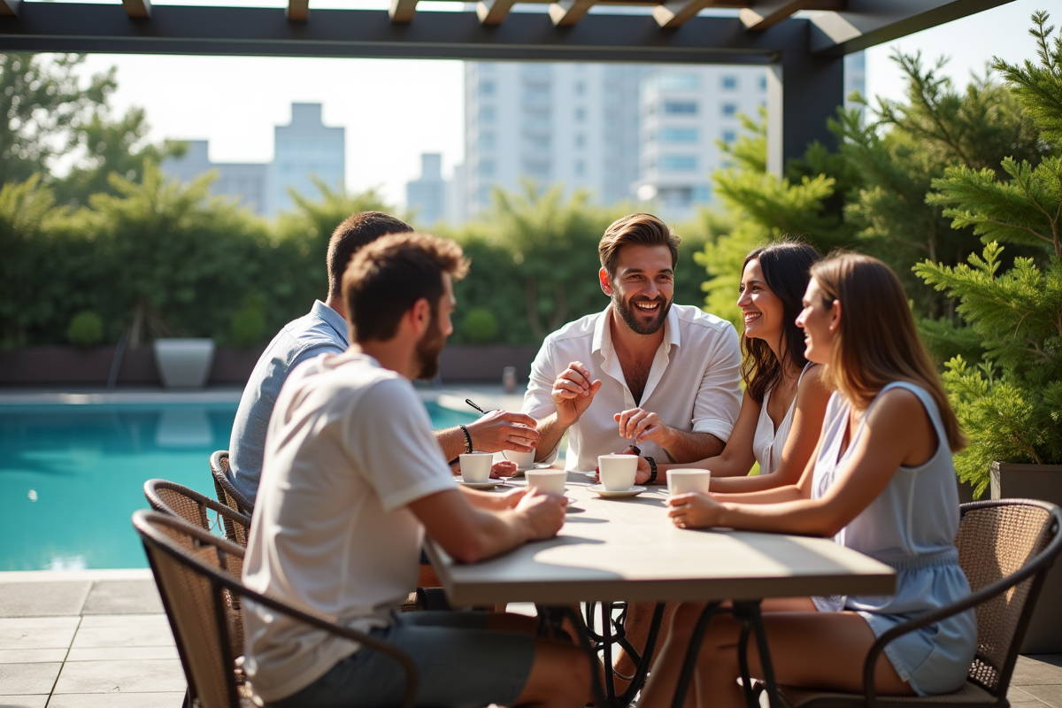 Groupe d amis autour d une table dejeuner sur une terrasse piscine