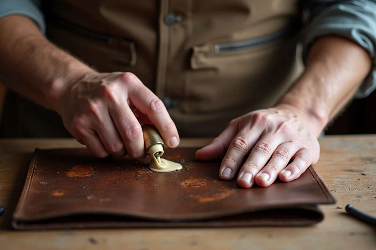 Mains d'artisan appliquant un produit de rénovation sur un sac en cuir aniline usé et terni