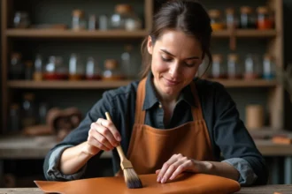 Artisane appliquant de la teinture sur un sac en cuir avec un tampon naturel dans un atelier de maroquinerie
