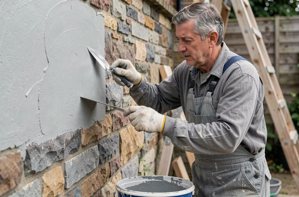 Maçon appliquant l'enduit Terrasto sur un mur en pierre brute dans un jardin urbain