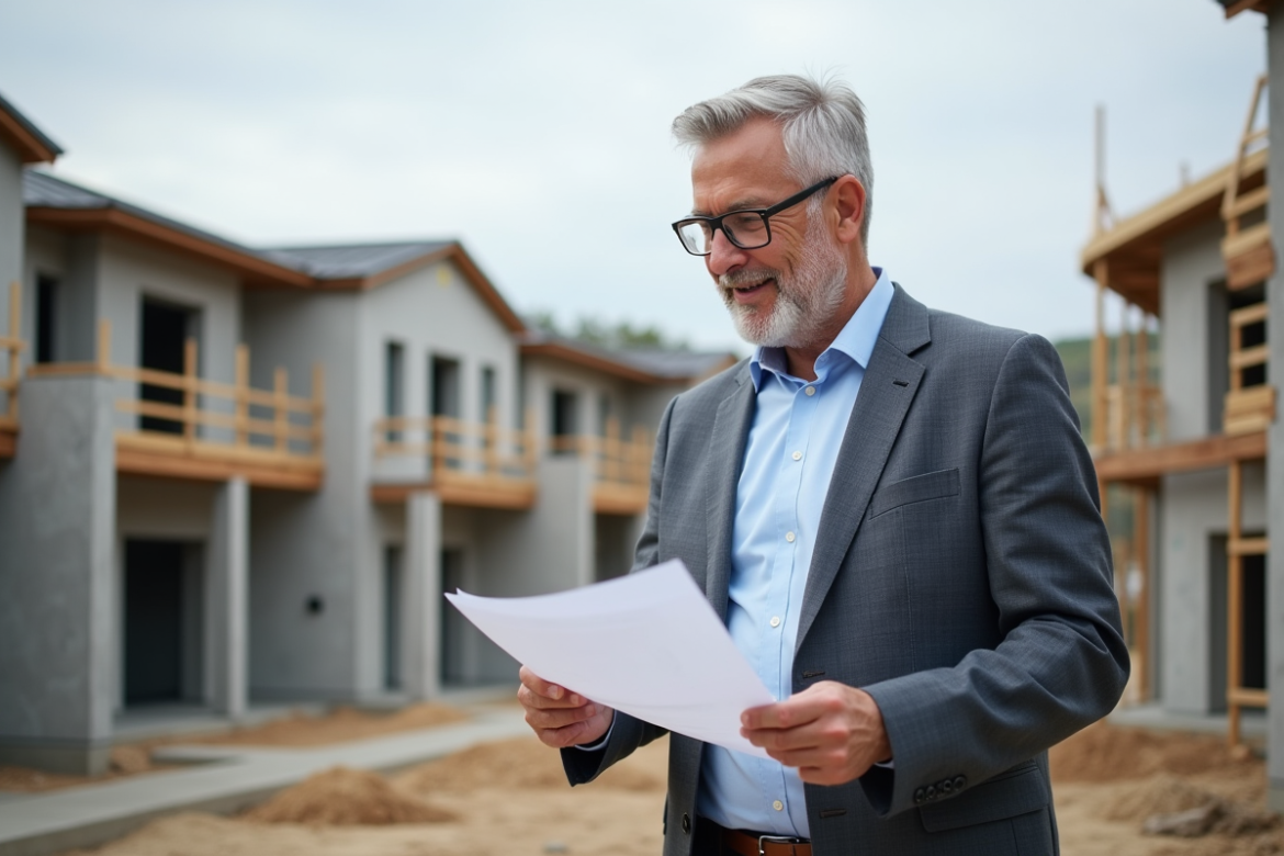 Architecte examinant des plans sur un chantier résidentiel