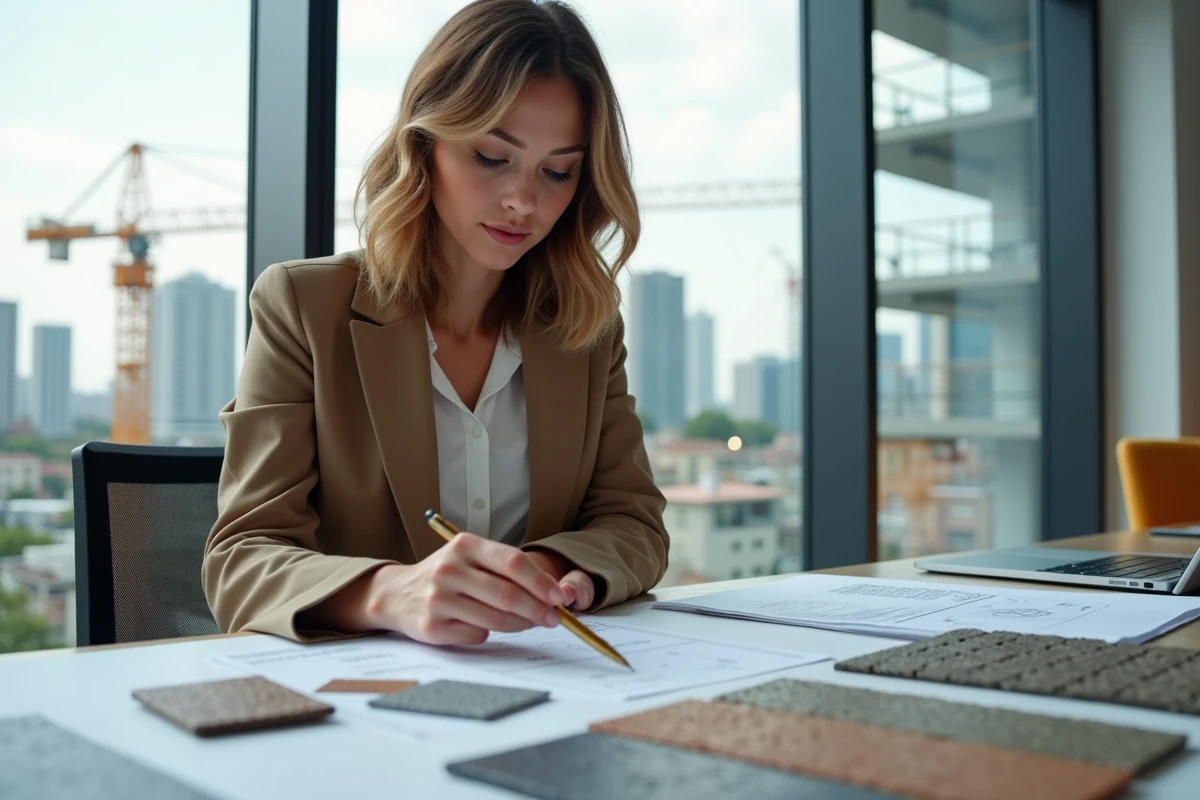Jeune architecte examinant des echantillons de beton decoratif