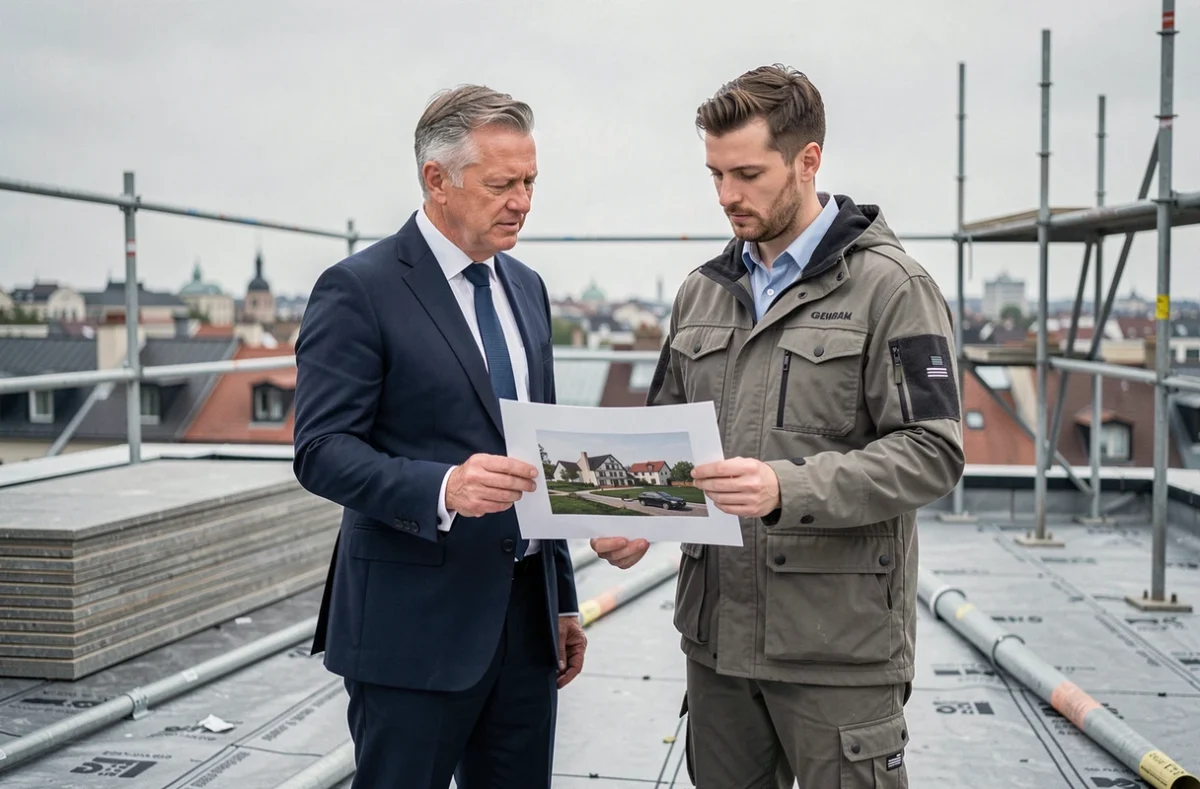 Architecte et directeur d'hôtel examinant un projet de rooftop en cours de construction avec vue urbaine