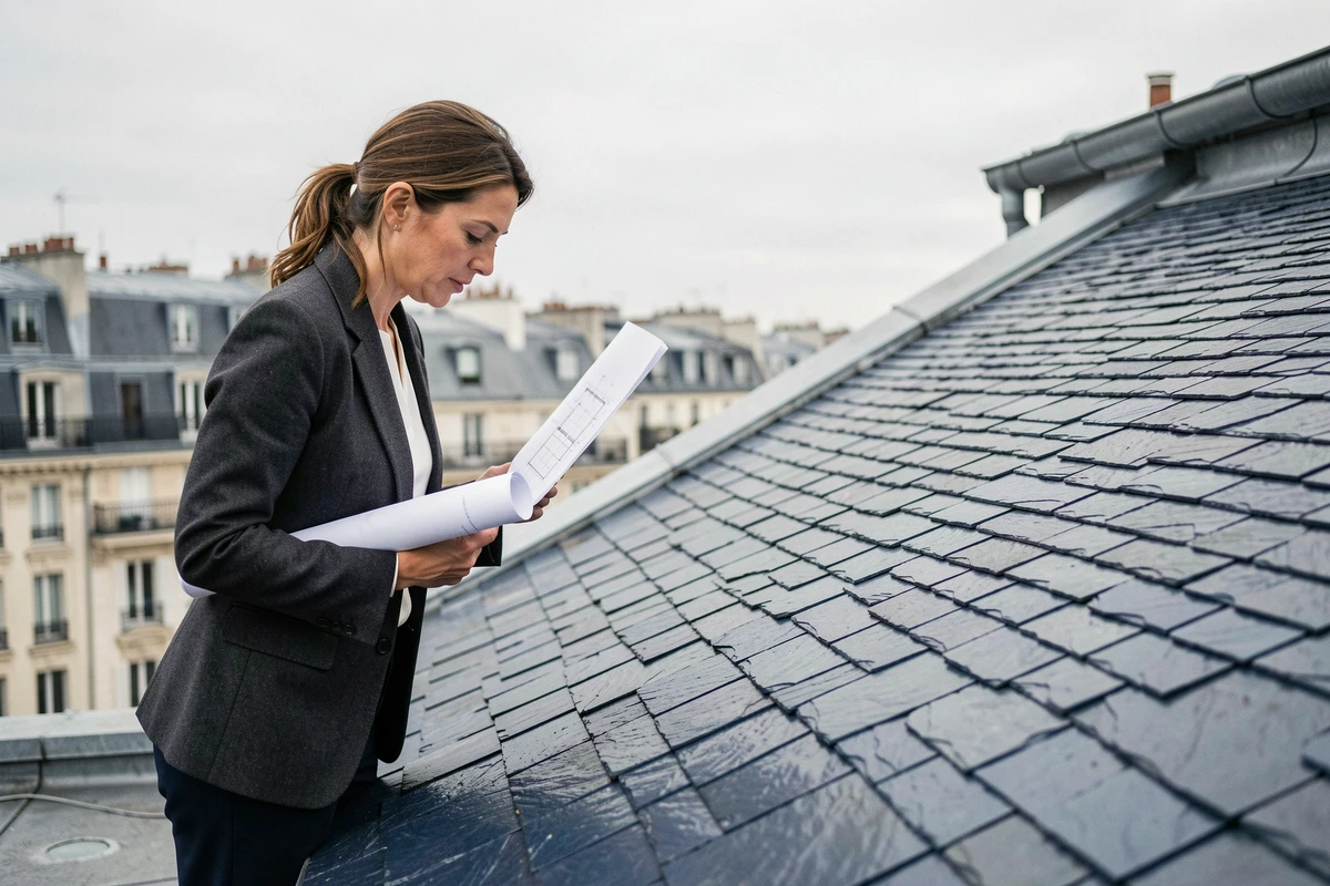 Architecte inspectant une toiture en petites ardoises en milieu urbain parisien