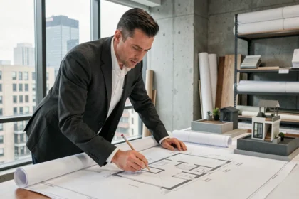 Architecte analysant les plans d'aménagement d'un rooftop dans son atelier avec maquettes et blueprints