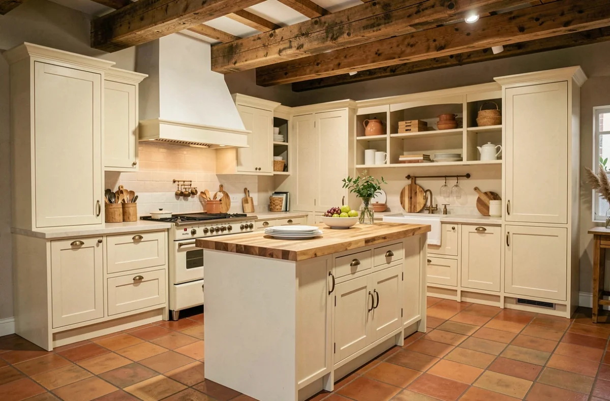 Cuisine Arthur Bonnet Marseille style shaker crème avec quincaillerie bronze, îlot bois et piano de cuisson vintage