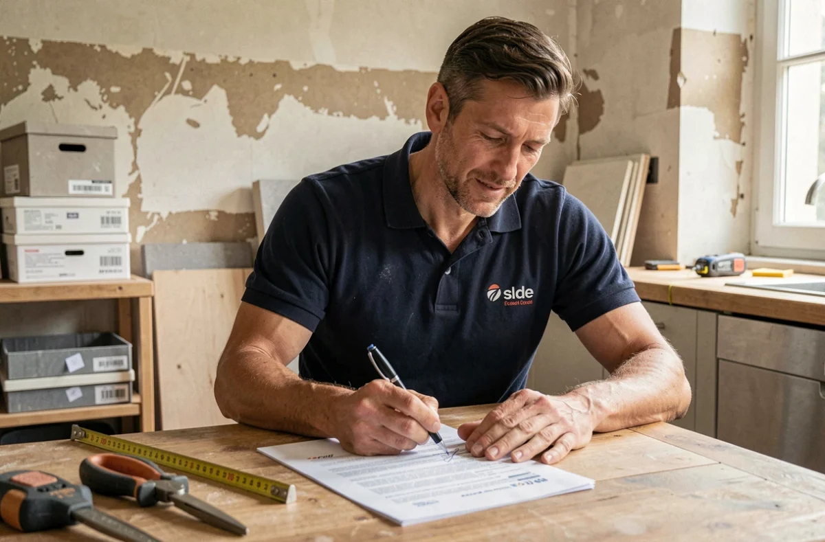 Artisan du bâtiment en train de rédiger un devis détaillé sur un chantier de rénovation de cuisine