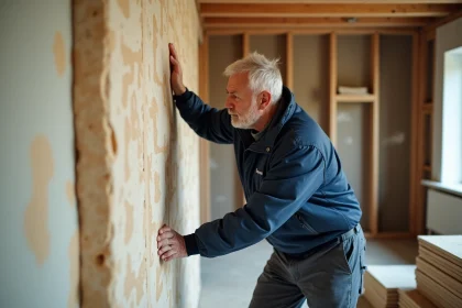 Artisan pressant l'isolant sur un mur intérieur en rénovation