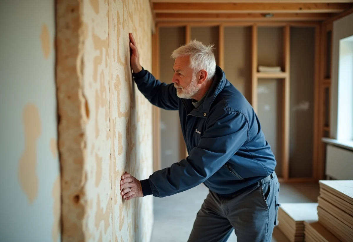 Artisan pressant l'isolant sur un mur intérieur en rénovation