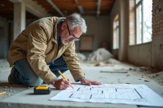 Artisan du bâtiment étudiant un plan technique de chape béton sur un sol en chantier