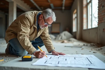Artisan du bâtiment étudiant un plan technique de chape béton sur un sol en chantier