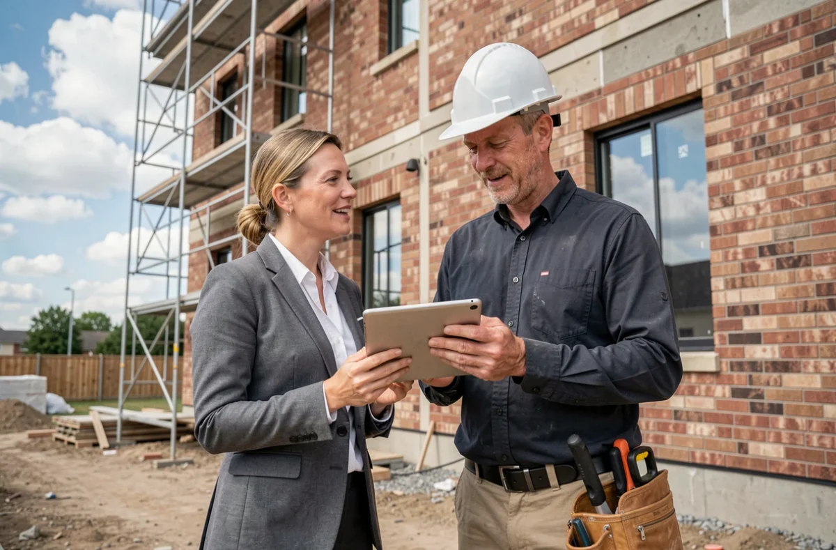 Artisane et client discutant d'un projet de construction devant un chantier résidentiel avec une tablette