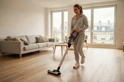 Femme utilisant un aspirateur laveur sans fil dans un grand appartement moderne au parquet clair