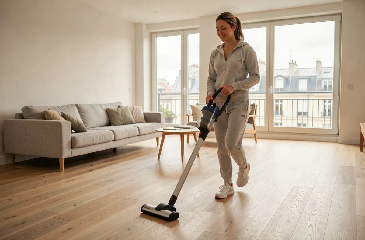 Femme utilisant un aspirateur laveur sans fil dans un grand appartement moderne au parquet clair