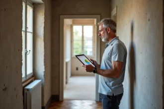 Auditeur énergétique professionnel examinant une rénovation d'appartement avec une tablette affichant un bilan DPE