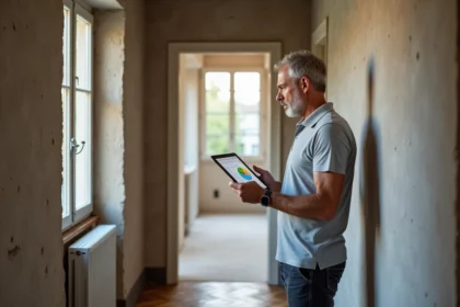 Auditeur énergétique professionnel examinant une rénovation d'appartement avec une tablette affichant un bilan DPE