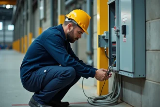 Électricien industriel connectant un BAES sur un tableau électrique en milieu d'usine