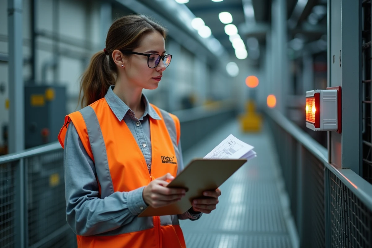 Ingénieure sécurité vérifiant l'installation d'un BAES sur plateforme industrielle en hauteur
