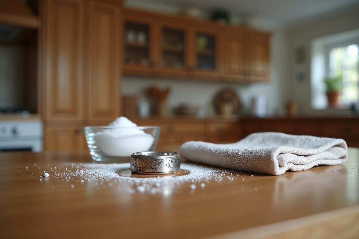 Bague en argent ternie posée sur une table en bois à côté d'une pâte de bicarbonate de soude pour nettoyage maison