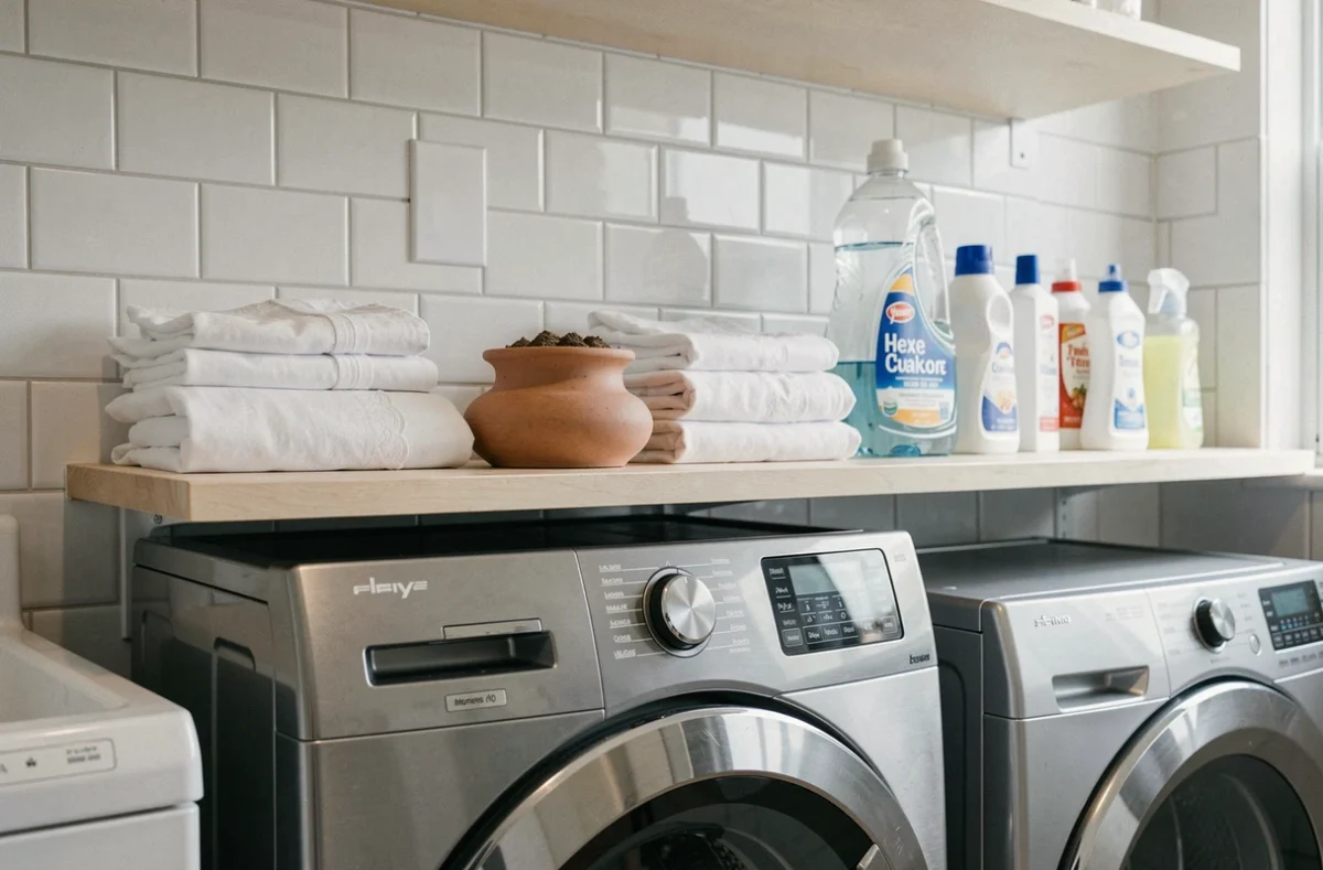 Porte-encens bakhour en céramique posé sur une étagère de buanderie avec du linge blanc et des produits de lavage