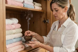 Femme plaçant un brûleur de bakhour dans une armoire remplie de linge plié pour parfumer le linge naturellement