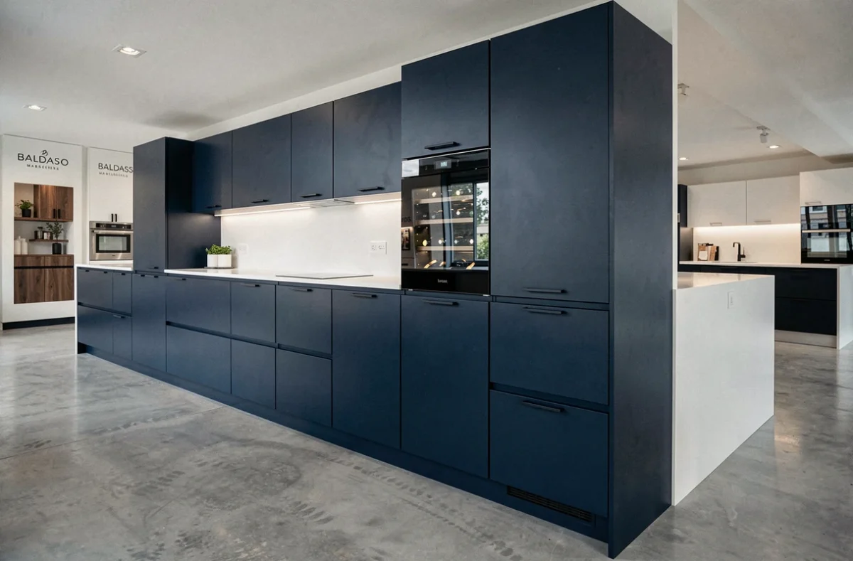 Cuisine Baldasso Marseille avec façades laquées bleu marine, plan de travail Corian blanc et cave à vin encastrée