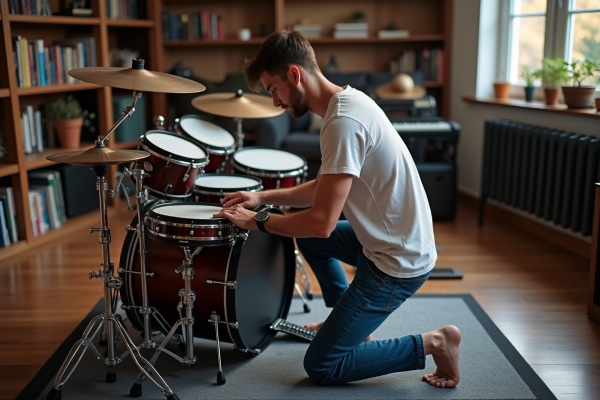 Jeune homme batteur ajustant son tapis de batterie électronique