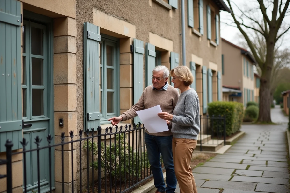 Couple de propriétaires consultant un rapport d'évaluation énergétique devant leur maison ancienne avant rénovation