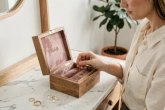 Femme rangeant un collier en or dans une boîte à bijoux personnalisée en bois gravé sur une coiffeuse en marbre