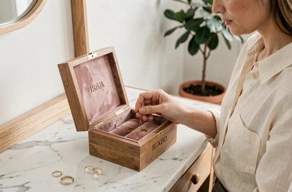 Femme rangeant un collier en or dans une boîte à bijoux personnalisée en bois gravé sur une coiffeuse en marbre