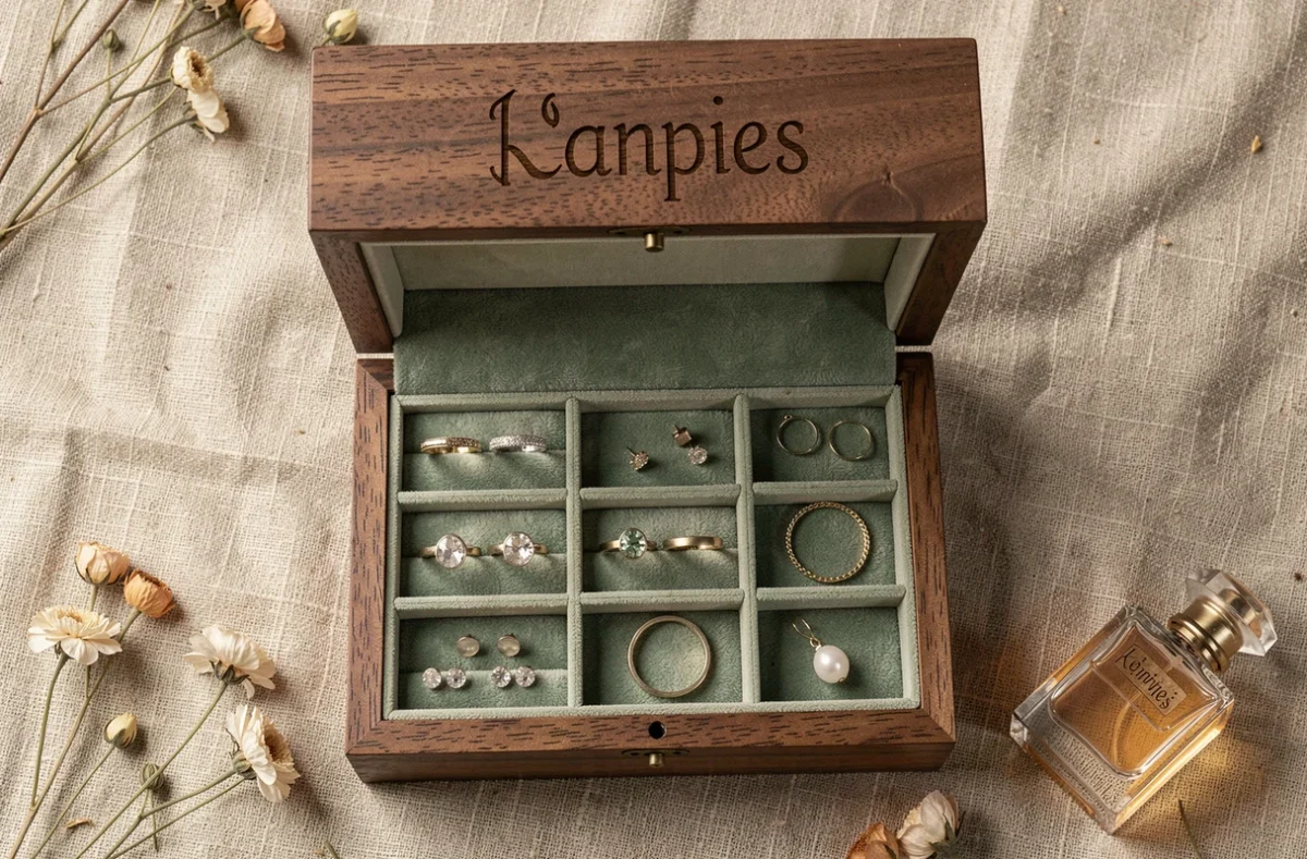 Vue de dessus d'une boîte à bijoux personnalisée en noyer ouverte avec bagues, boucles d'oreilles et bracelet organisés dans des compartiments en velours