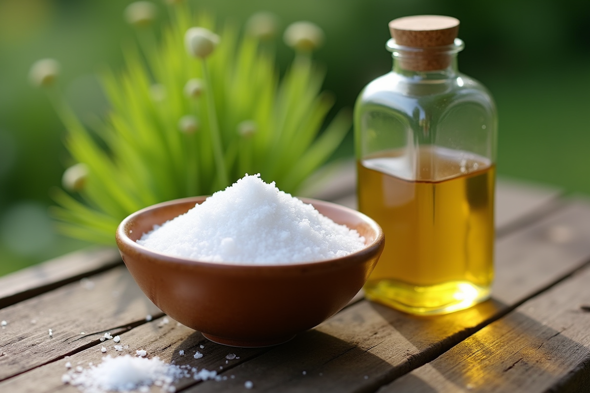 Bol de sel et bouteille de vinaigre sur une table en bois dans le jardin