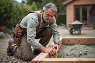 Bricoleur mesurant un coffrage en bois avant de calculer le volume de béton nécessaire pour une dalle de terrasse