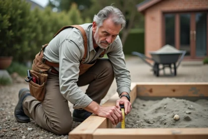 Bricoleur mesurant un coffrage en bois avant de calculer le volume de béton nécessaire pour une dalle de terrasse