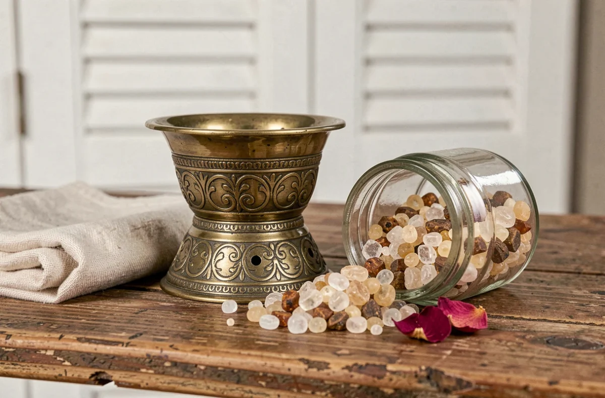 Brûleur de bakhour en laiton avec des granules d'encens et du linge plié sur une étagère en bois rustique