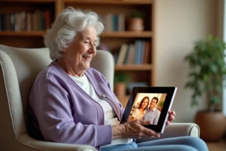 Résidente d'une maison de retraite souriante tenant un cadre photo connecté affichant une photo de famille dans un salon confortable