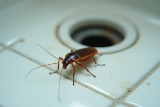 Gros plan d'un cafard noir sur un carrelage blanc de cuisine près d'un siphon d'évier, détail réaliste pour article sur désinfection appartement