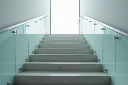 Cage d'escaliers moderne avec garde-corps en verre et acier inoxydable, vue en contre-plongée mettant en valeur les normes de sécurité