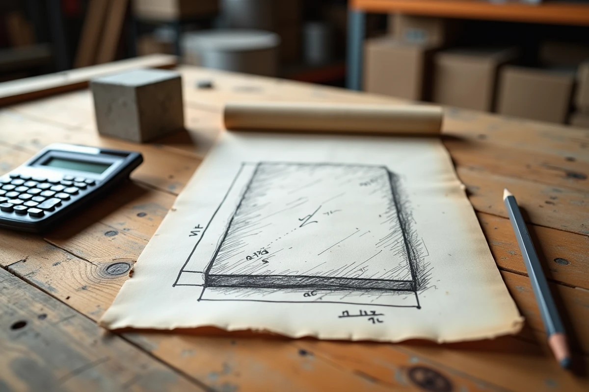 Calcul de volume en m3 de béton sur une feuille de notes avec calculatrice et plan de dalle fait main