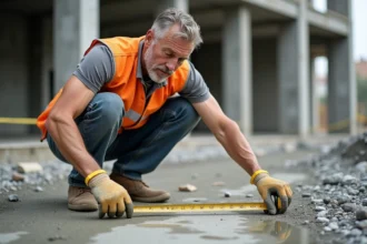 Ouvrier mesurant une dalle de béton sur un chantier de construction pour calculer le volume en m3