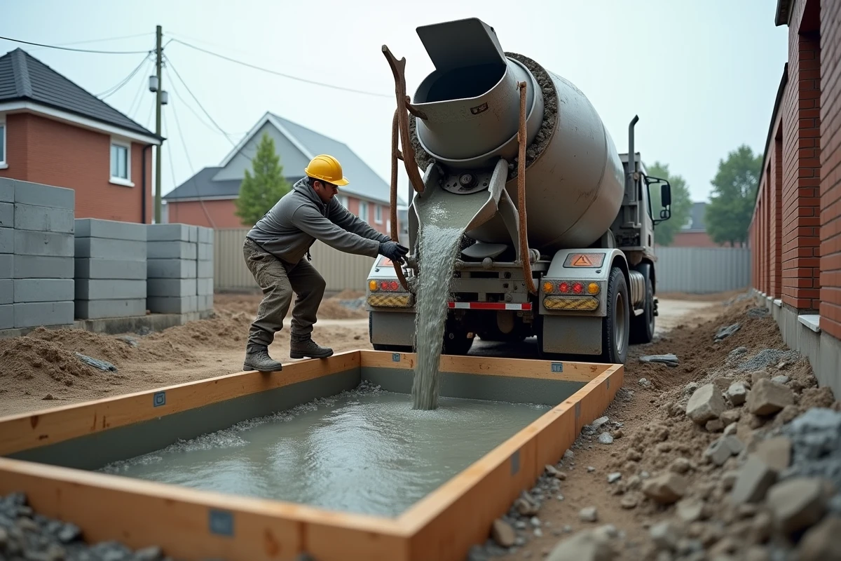 Camion toupie déversant du béton frais dans un coffrage pour une dalle de fondation sur chantier résidentiel
