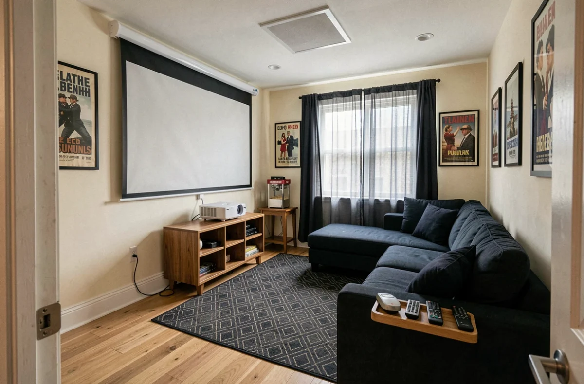 Chambre transformée en mini salle de cinéma maison avec écran de projection, canapé et décoration de films
