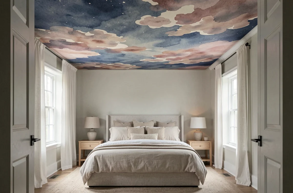 Chambre avec plafond en toile tendue imprimée ciel aquarelle indigo et rose, décoration intérieure personnalisée et apaisante