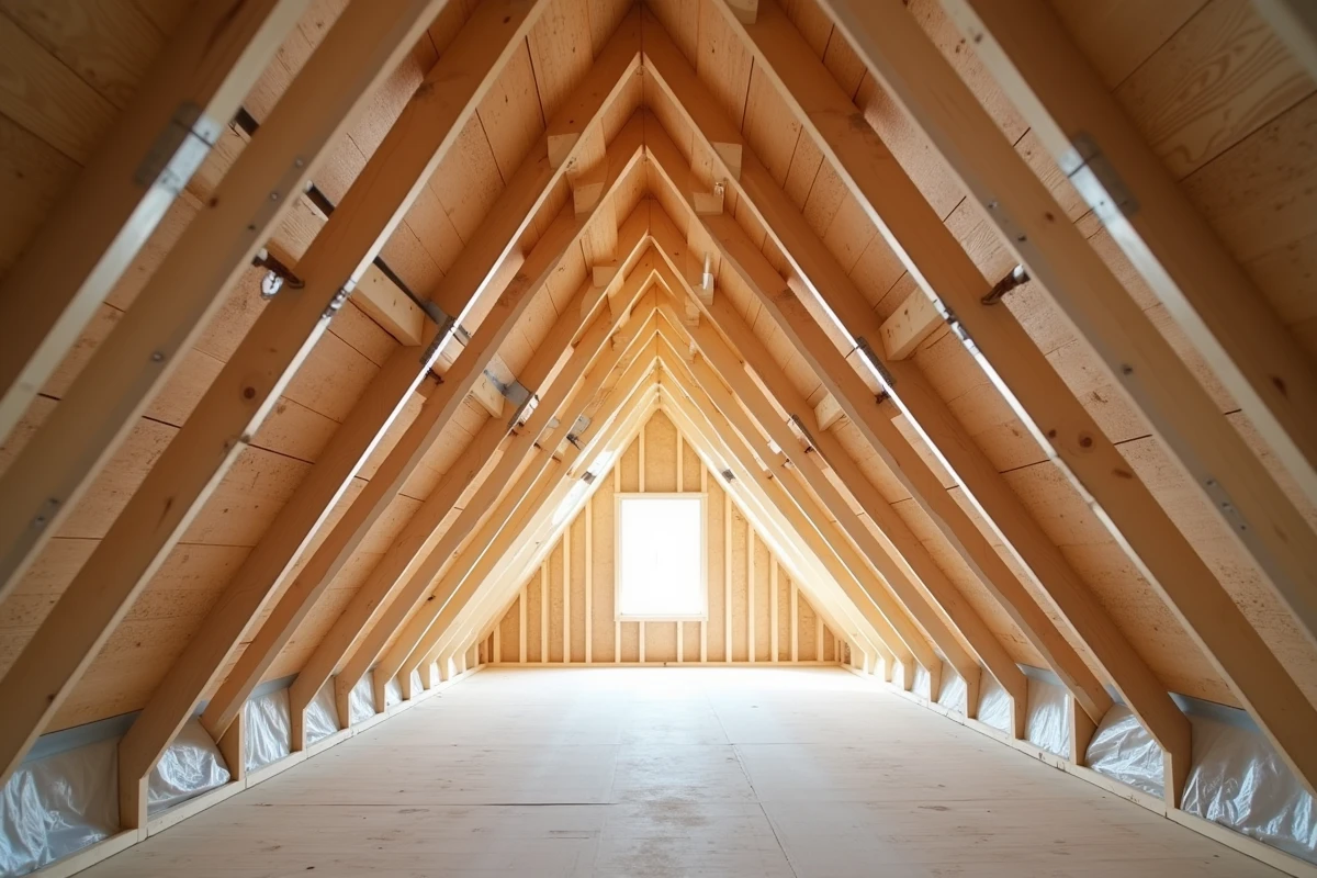 Système de charpente industrialisée en fermettes bois avec plaques métalliques dans les combles d'une maison neuve