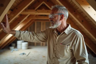 Charpentier inspectant une structure de charpente traditionnelle en bois dans les combles avec des rouleaux d'isolation visibles en arrière-plan