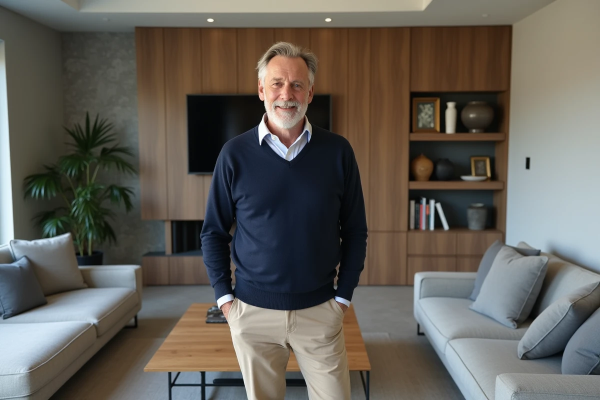 Client homme dans un salon moderne en discussion avec decoratrice