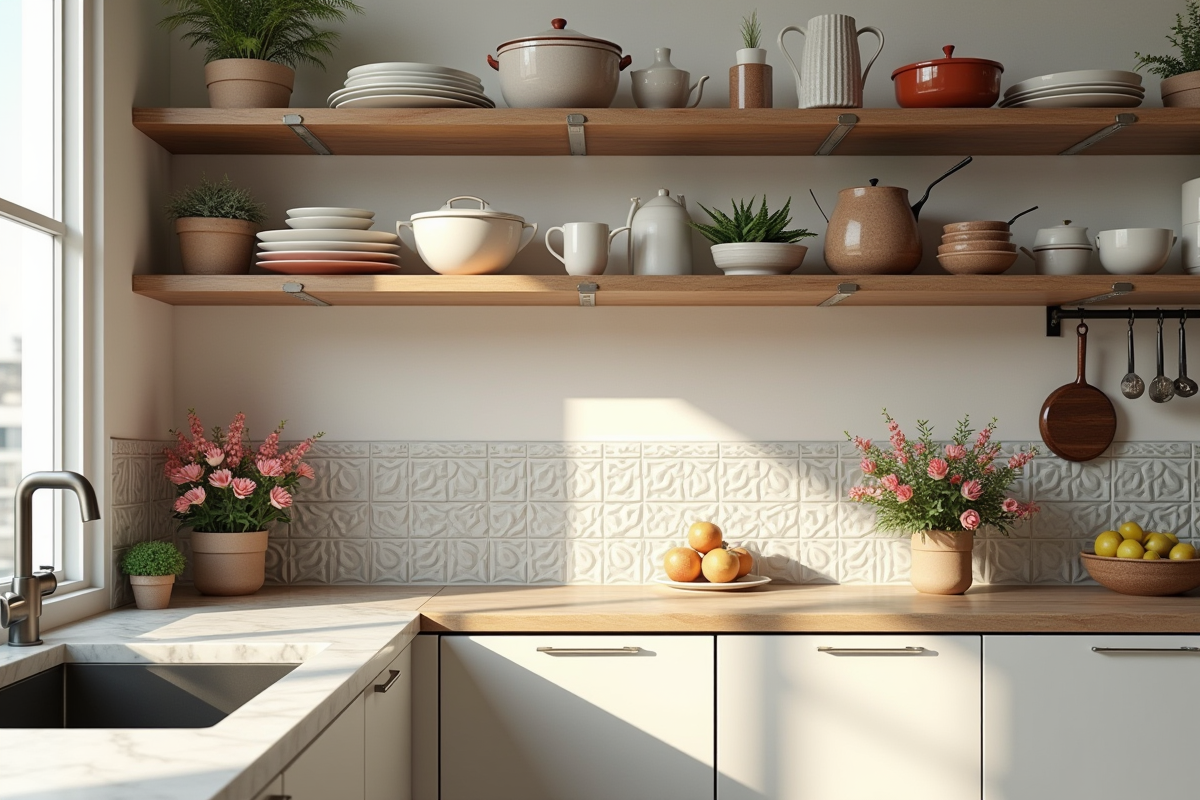 Coin cuisine chaleureux avec étagères colorées et fleurs fraîches