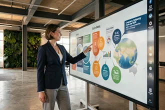 Employée présentant un panneau d'affichage numérique dans le hall d'un siège social moderne avec mur végétal