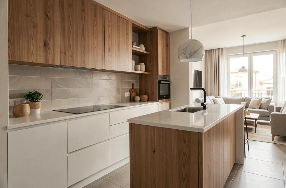 Cuisine Compagnie P3 Marseille bicolore avec façades chêne fumé et blanc mat, plan de travail en porcelaine et grande crédence grège